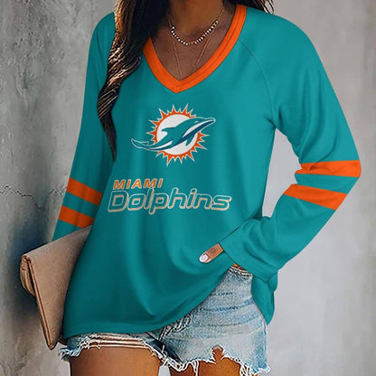 FLASH SALE - NEW CUSTOMIZED NFL19 MDP MIAMI DOLPHINS WOMEN'S V-NECK LONG SLEEVED SHIRT