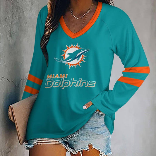 FLASH SALE - NEW CUSTOMIZED NFL19 MDP MIAMI DOLPHINS WOMEN'S V-NECK LONG SLEEVED SHIRT