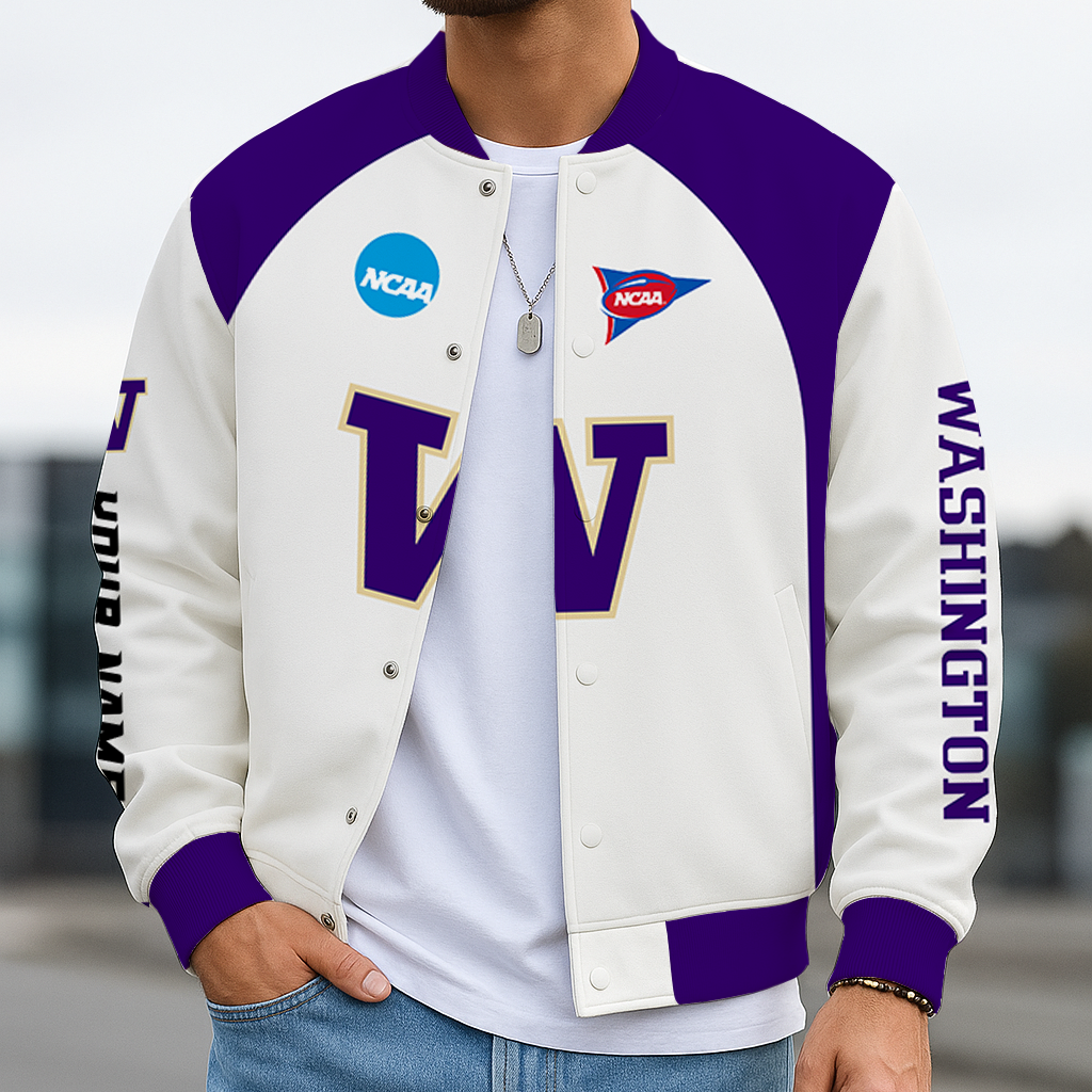 LIMITED DROP - NEW CUSTOMIZED NCAA FOOTBALL BOWL SUBDIVISION 19 WSH WASHINGTON HUSKIES BASEBALL JACKET, SATIN VARSITY JACKET