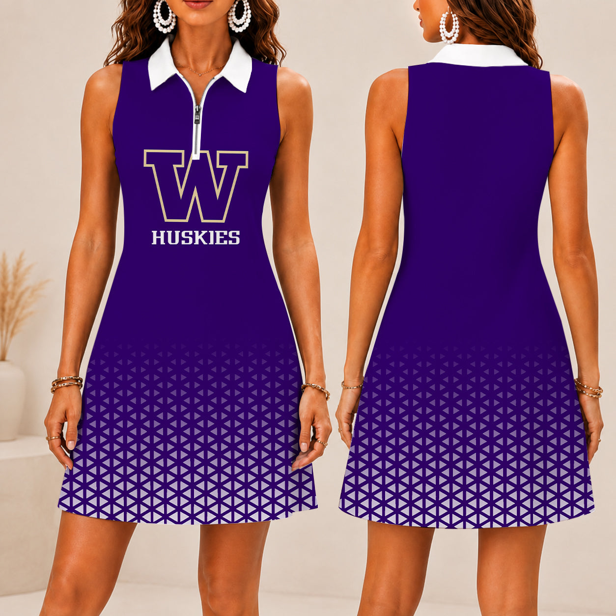 LIMITED EDITION - NEW CUSTOMIZED NCAA FBS19 WSH WASHINGTON HUSKIES WOMEN'S ZIP SLEEVELESS POLO DRESS