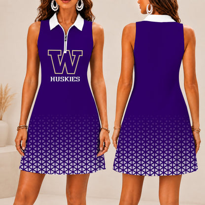 LIMITED EDITION - NEW CUSTOMIZED NCAA FBS19 WSH WASHINGTON HUSKIES WOMEN'S ZIP SLEEVELESS POLO DRESS