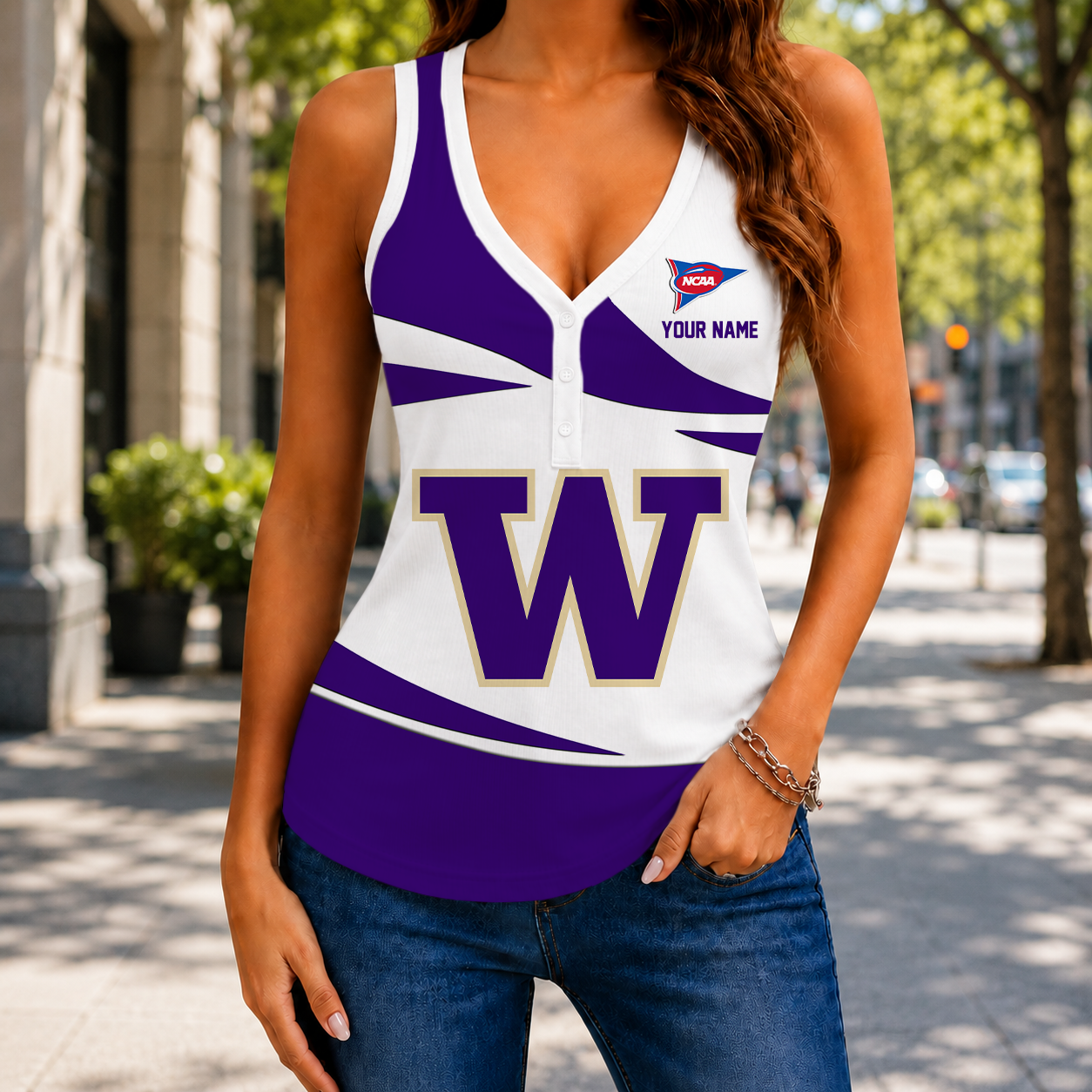 SPECIAL EDITION - NEW CUSTOMIZED NCAA FBS19 WSH WASHINGTON HUSKIES WOMEN'S V-NECK TANK TOP