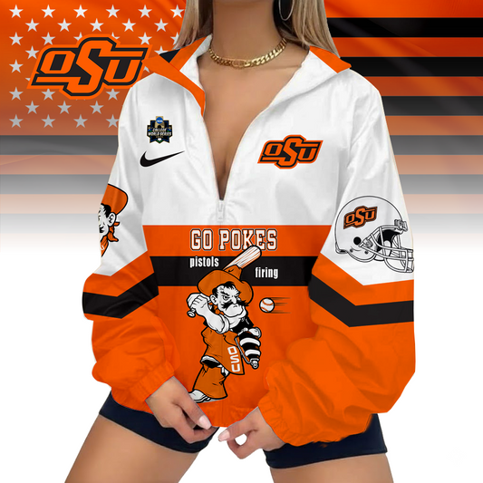 LIMITED EDITION - NEW CUSTOMIZED COLLEGE WORLD SERIES NCAA19 OKLAHOMA STATE COWBOYS V-NECK ZIPPER SWEATSHIRT JACKET