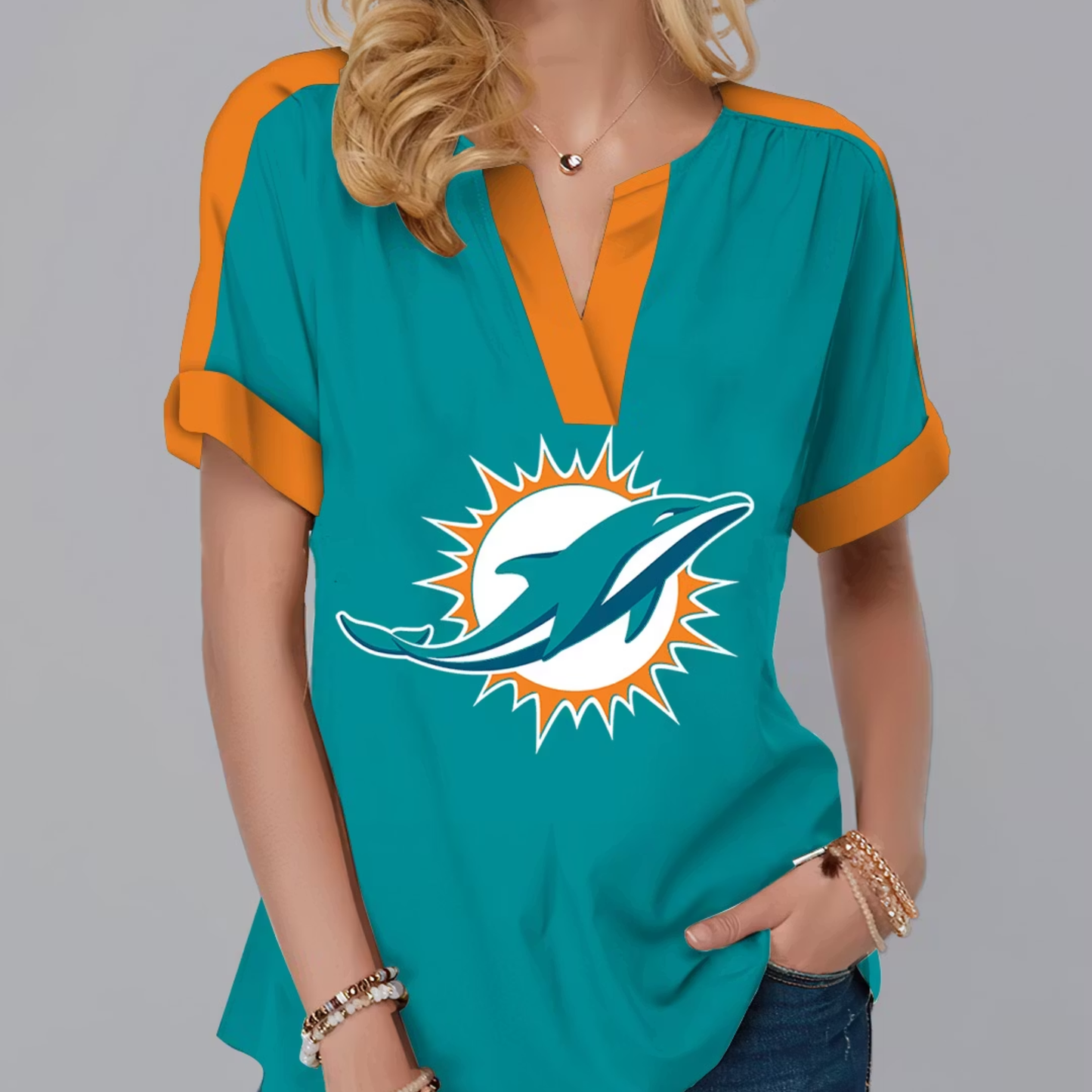 FINAL SALE - NEW CUSTOMIZED NFL19 MDP MIAMI DOLPHINS V-NECK FEMALE SHIRT