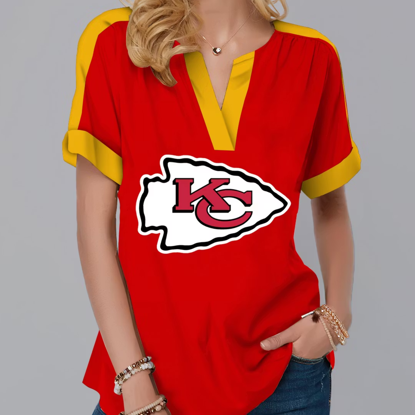 FINAL SALE - NEW CUSTOMIZED NFL01 KCC KANSAS CITY CHIEFS V-NECK FEMALE SHIRT