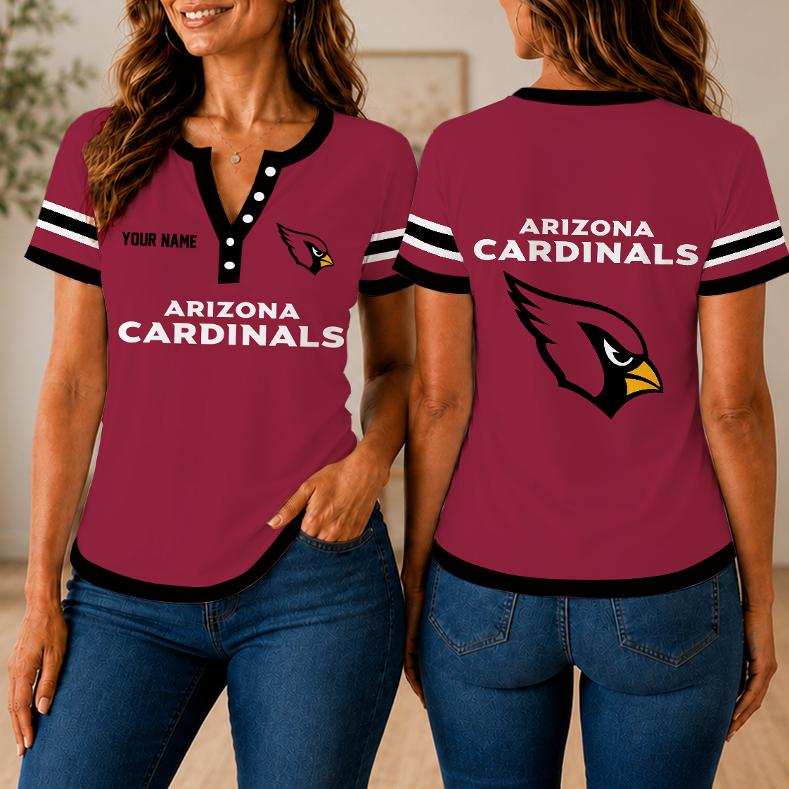 SPECIAL EDITION - NEW CUSTOMIZED NFL20 ARC ARIZONA CARDINALS WOMEN'S SHORT SLEEVE HENLEY T-SHIRT