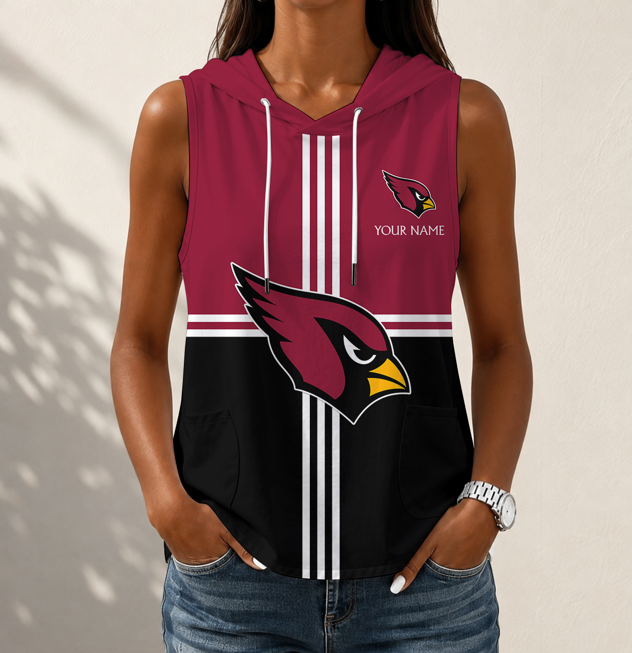 FINAL SALE - NEW CUSTOMIZED NFL20 ARC ARIZONA CARDINALS WOMEN'S SLEEVELESS HOODED POCKET TANK TOP