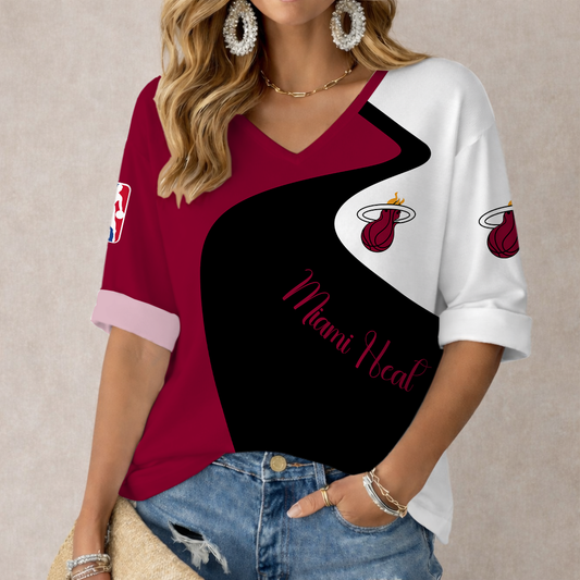 FINAL SALE - NEW CUSTOMIZED NBA20 MHE MIAMI HEAT WOMEN'S V-NECK LONG SLEEVE SHIRT
