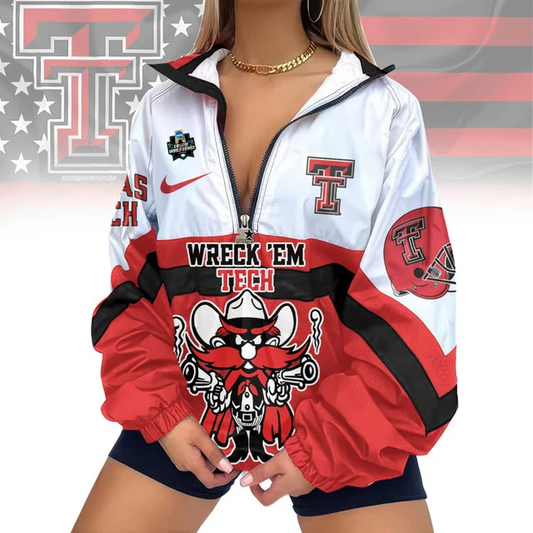 LIMITED EDITION - NEW CUSTOMIZED COLLEGE WORLD SERIES NCAA20 TEXAS TECH RED RAIDERS V-NECK ZIPPER SWEATSHIRT JACKET