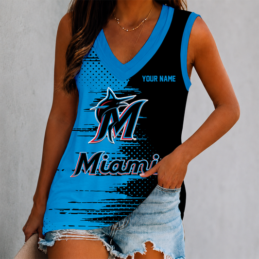 FINAL SALE - NEW CUSTOMIZED MLB20 MMS MIAMI MARLINS WOMEN'S V-NECK TANK TOP