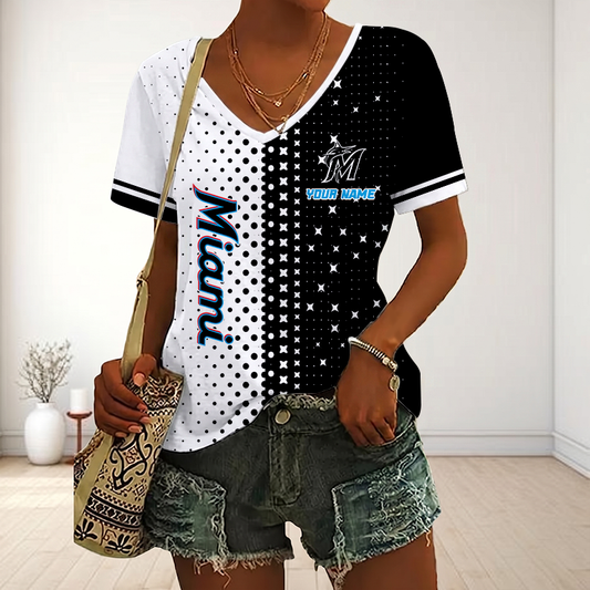 FINAL SALE - NEW CUSTOMIZED MLB20 MMS MIAMI MARLINS V-NECK FEMALE SHIRT