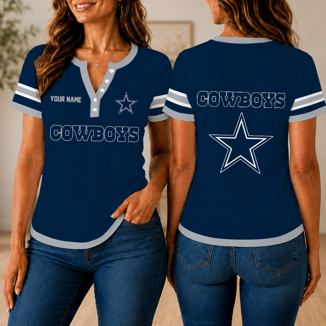 SPECIAL EDITION - NEW CUSTOMIZED NFL21 DCB DALLAS COWBOYS WOMEN'S SHORT SLEEVE HENLEY T-SHIRT