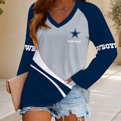 FINAL SALE - NEW CUSTOMIZED NFL21 DCB DALLAS COWBOYS WOMEN'S V-NECK LONG SLEEVED SHIRT