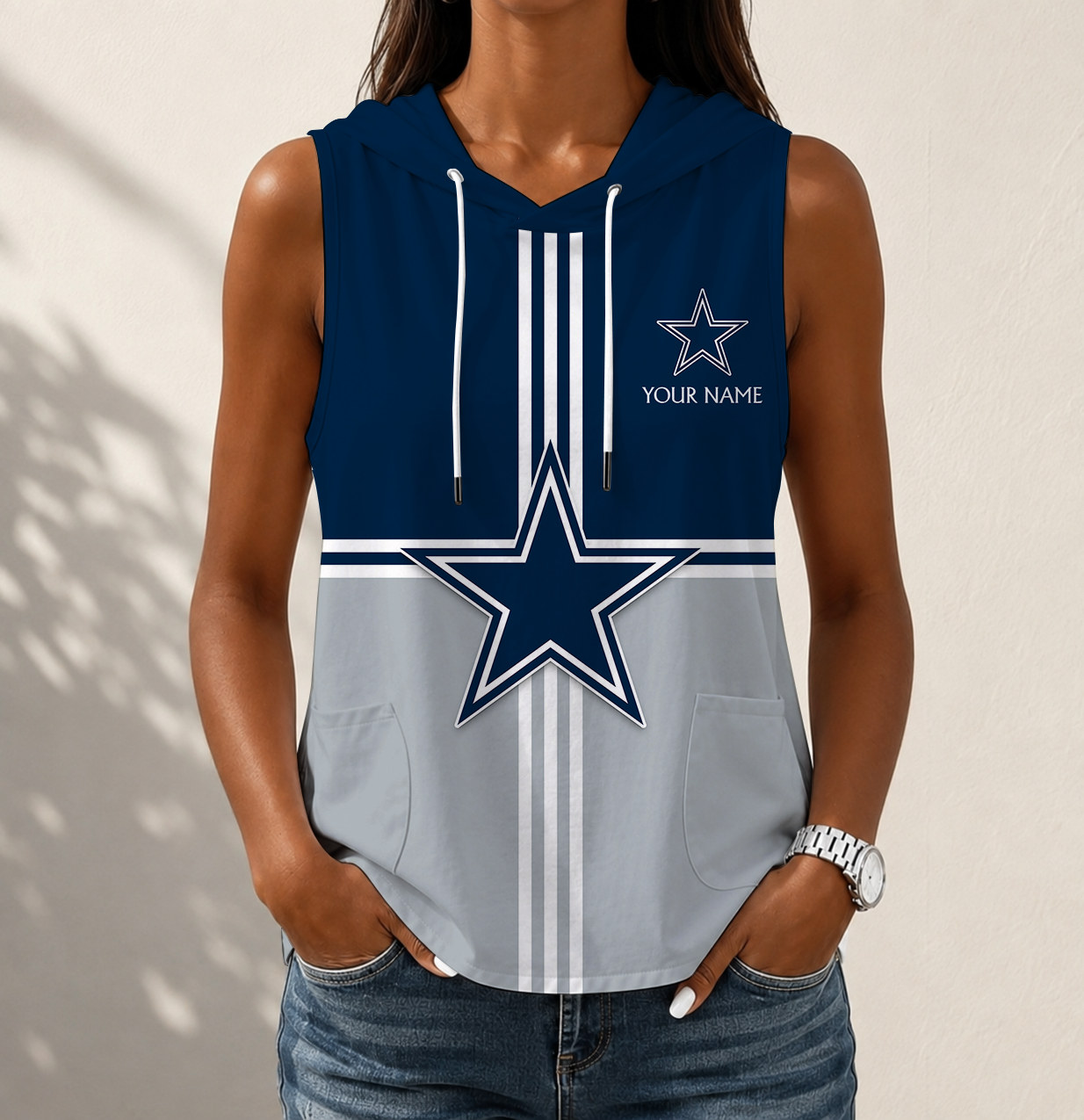 FINAL SALE - NEW CUSTOMIZED NFL21 DCB DALLAS COWBOYS WOMEN'S SLEEVELESS HOODED POCKET TANK TOP