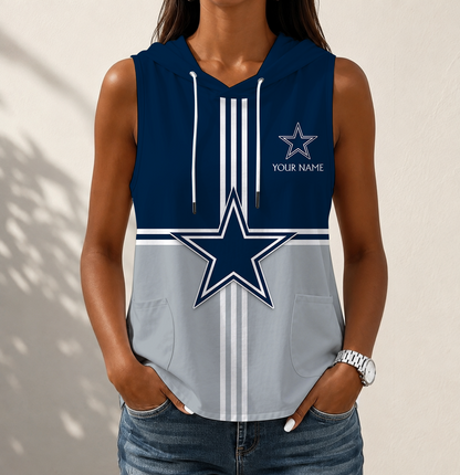 FINAL SALE - NEW CUSTOMIZED NFL21 DCB DALLAS COWBOYS WOMEN'S SLEEVELESS HOODED POCKET TANK TOP