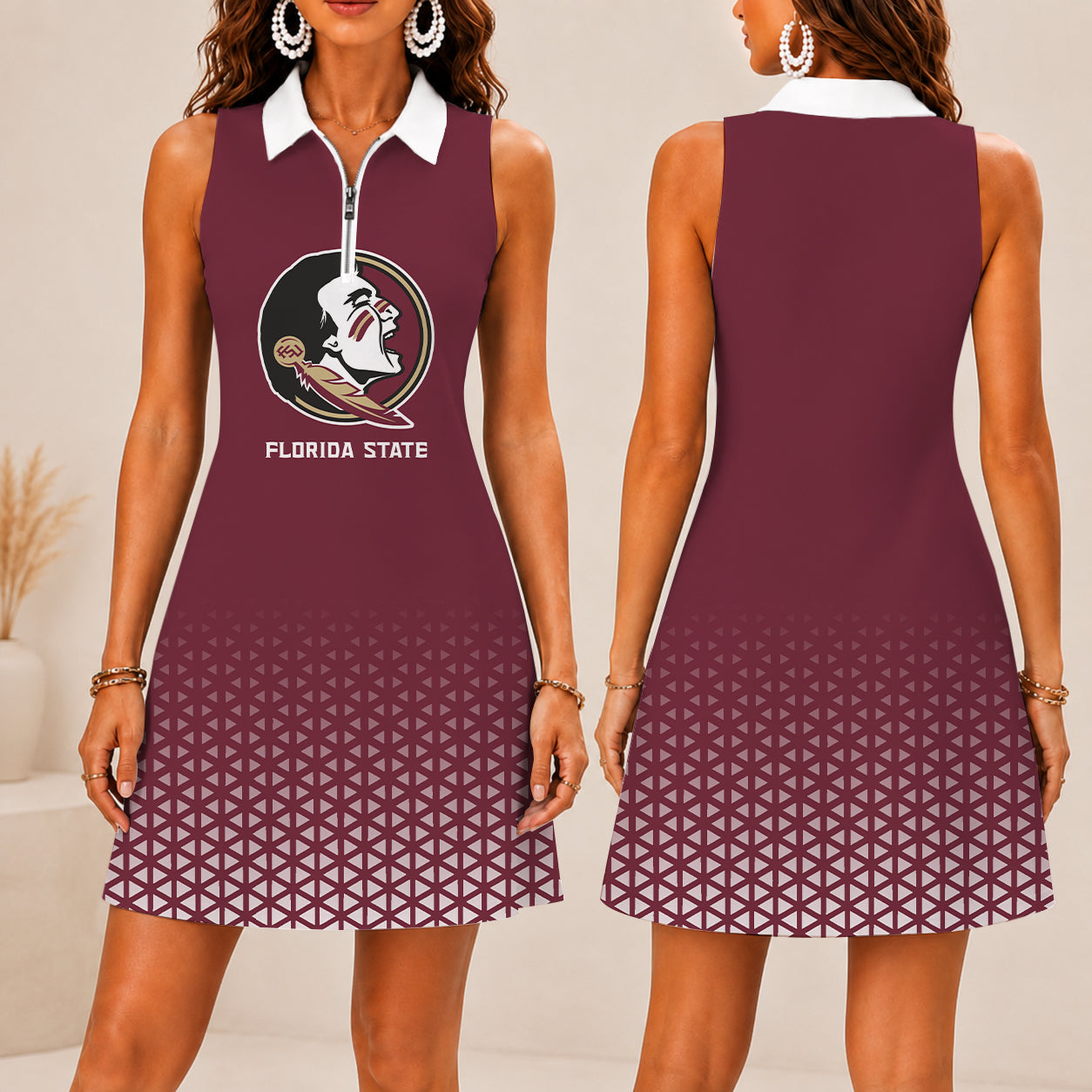 LIMITED EDITION - NEW CUSTOMIZED NCAA FBS21 FLS FLORIDA STATE SEMINOLES WOMEN'S ZIP SLEEVELESS POLO DRESS
