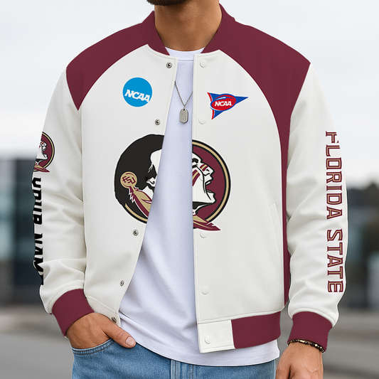 LIMITED DROP - NEW CUSTOMIZED NCAA FOOTBALL BOWL SUBDIVISION 21 FLS FLORIDA STATE SEMINOLES BASEBALL JACKET, SATIN VARSITY JACKET