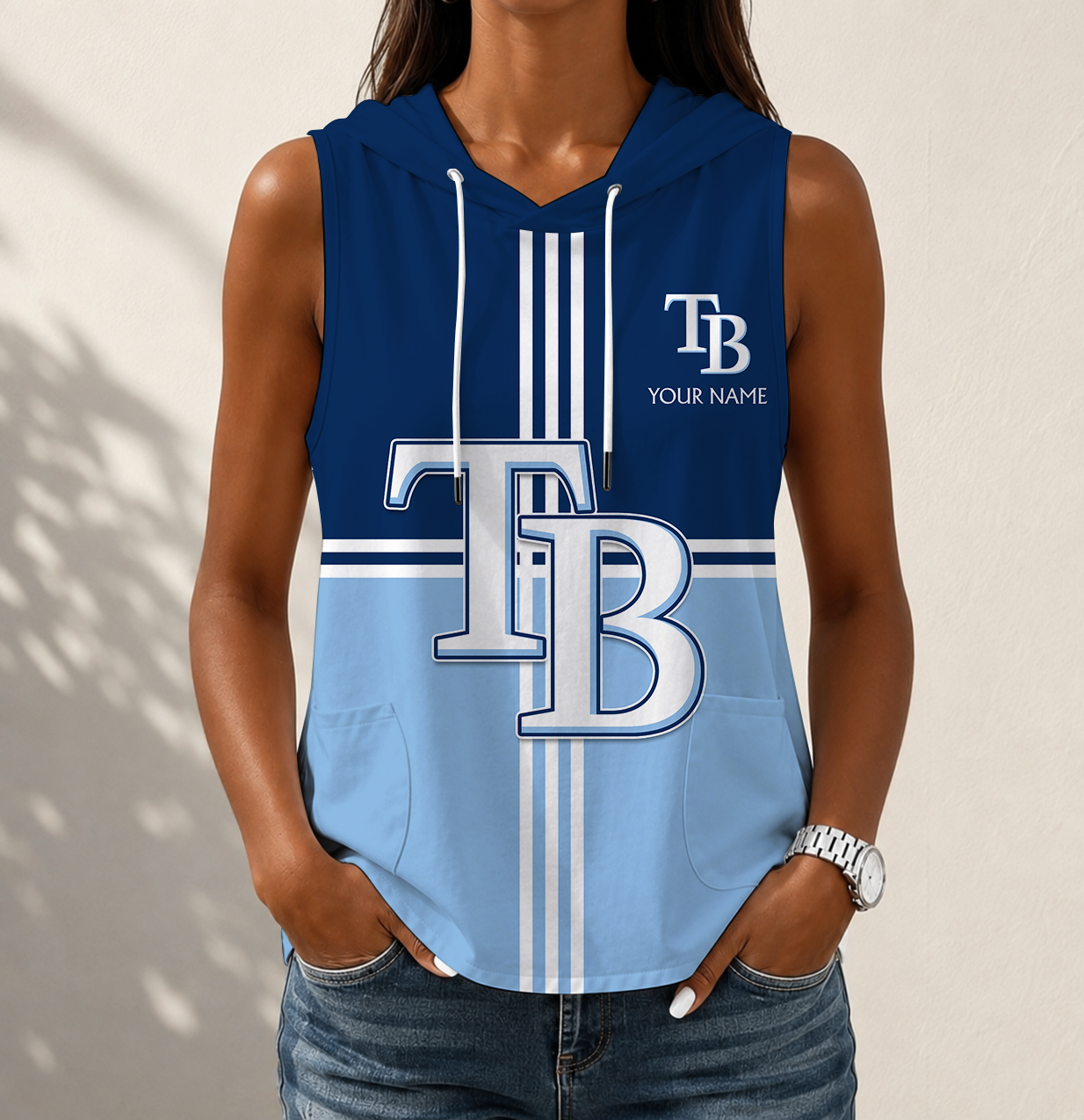 VIRAL EDITION - NEW CUSTOMIZED MLB21 TBR TAMPA BAY RAYS WOMEN'S SLEEVELESS HOODED POCKET TANK TOP
