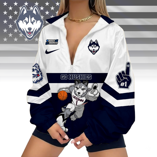 LIMITED EDITION - NEW CUSTOMIZED MAM NCAA21 UCH UC HUSKIES V-NECK ZIPPER JACKET
