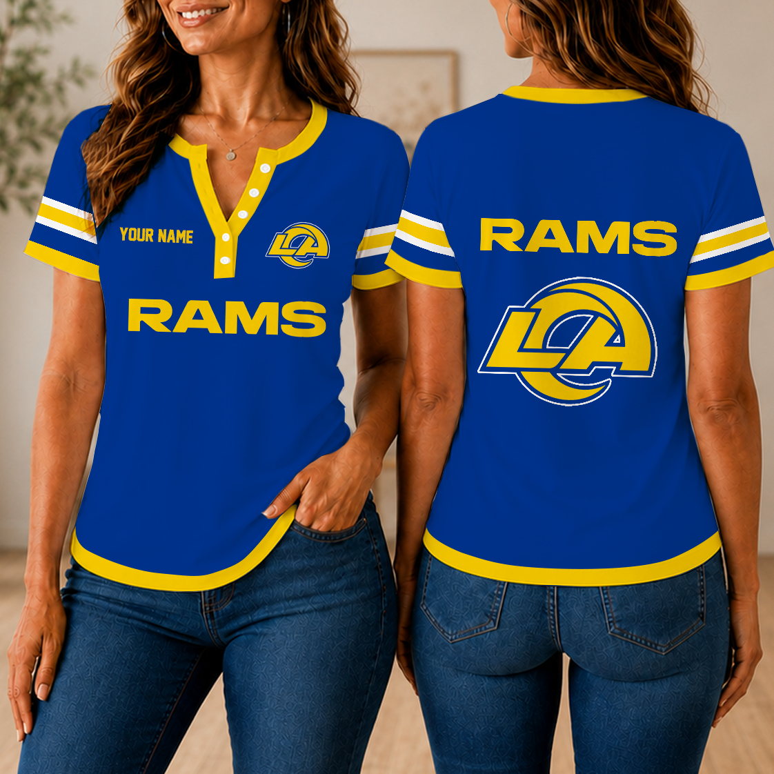 SPECIAL EDITION - NEW CUSTOMIZED NFL22 LAR LOS ANGELES RAMS WOMEN'S SHORT SLEEVE HENLEY T-SHIRT