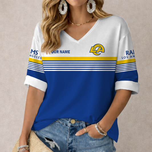 LIMITED EDITION - NEW CUSTOMIZED NFL22 LAR LOS ANGELES RAMS WOMEN'S HEART V-NECK LONG SLEEVE SHIRT