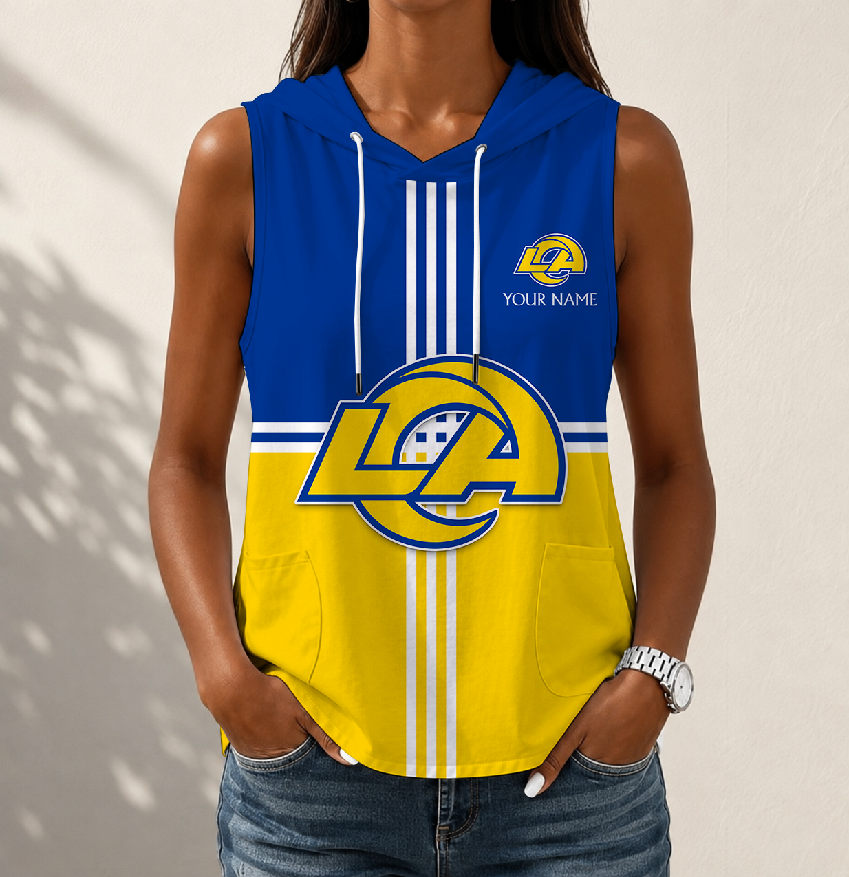 FINAL SALE - NEW CUSTOMIZED NFL22 LAR LOS ANGELES RAMS WOMEN'S SLEEVELESS HOODED POCKET TANK TOP
