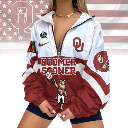 LIMITED EDITION - NEW CUSTOMIZED COLLEGE WORLD SERIES NCAA22 OKLAHOMA SOONERS V-NECK ZIPPER SWEATSHIRT JACKET