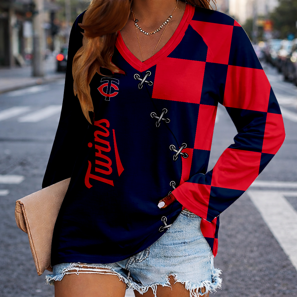 LIMITED EDITION - NEW CUSTOMIZED MLB22 MTS MINNESOTA TWINS WOMEN'S V-NECK LONG SLEEVED SHIRT