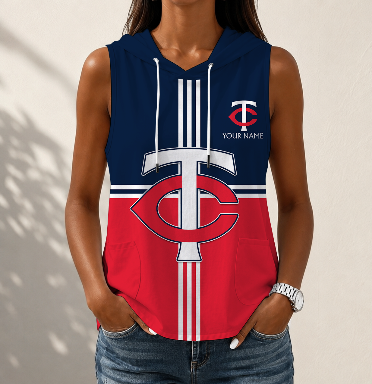 VIRAL EDITION - NEW CUSTOMIZED MLB22 MTS MINNESOTA TWINS WOMEN'S SLEEVELESS HOODED POCKET TANK TOP