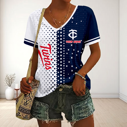 FINAL SALE - NEW CUSTOMIZED MLB22 MTS MINNESOTA TWINS V-NECK FEMALE SHIRT