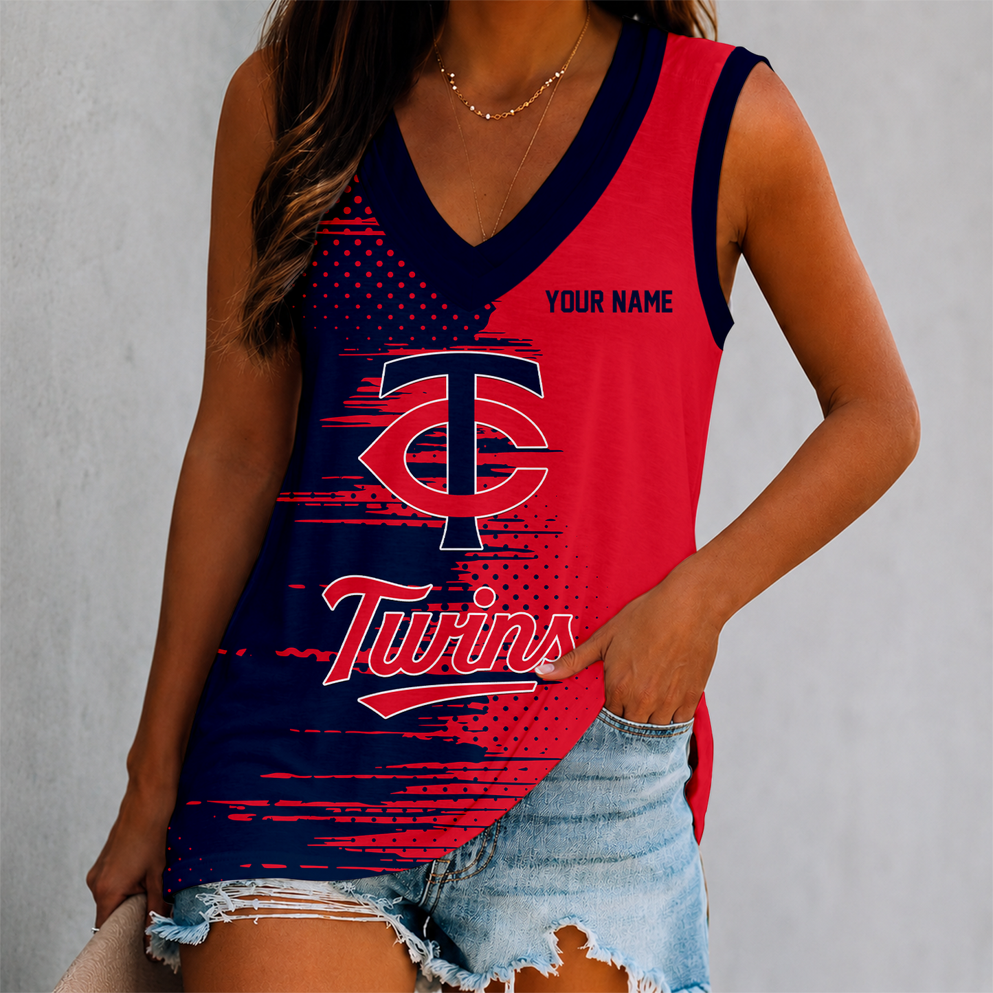 FINAL SALE - NEW CUSTOMIZED MLB22 MTS MINNESOTA TWINS WOMEN'S V-NECK TANK TOP