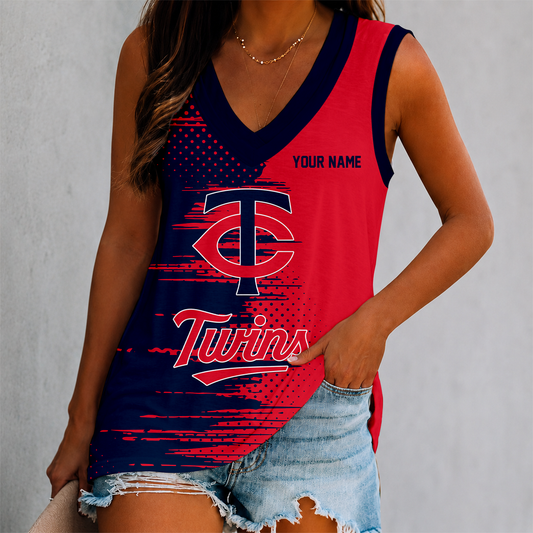 FINAL SALE - NEW CUSTOMIZED MLB22 MTS MINNESOTA TWINS WOMEN'S V-NECK TANK TOP