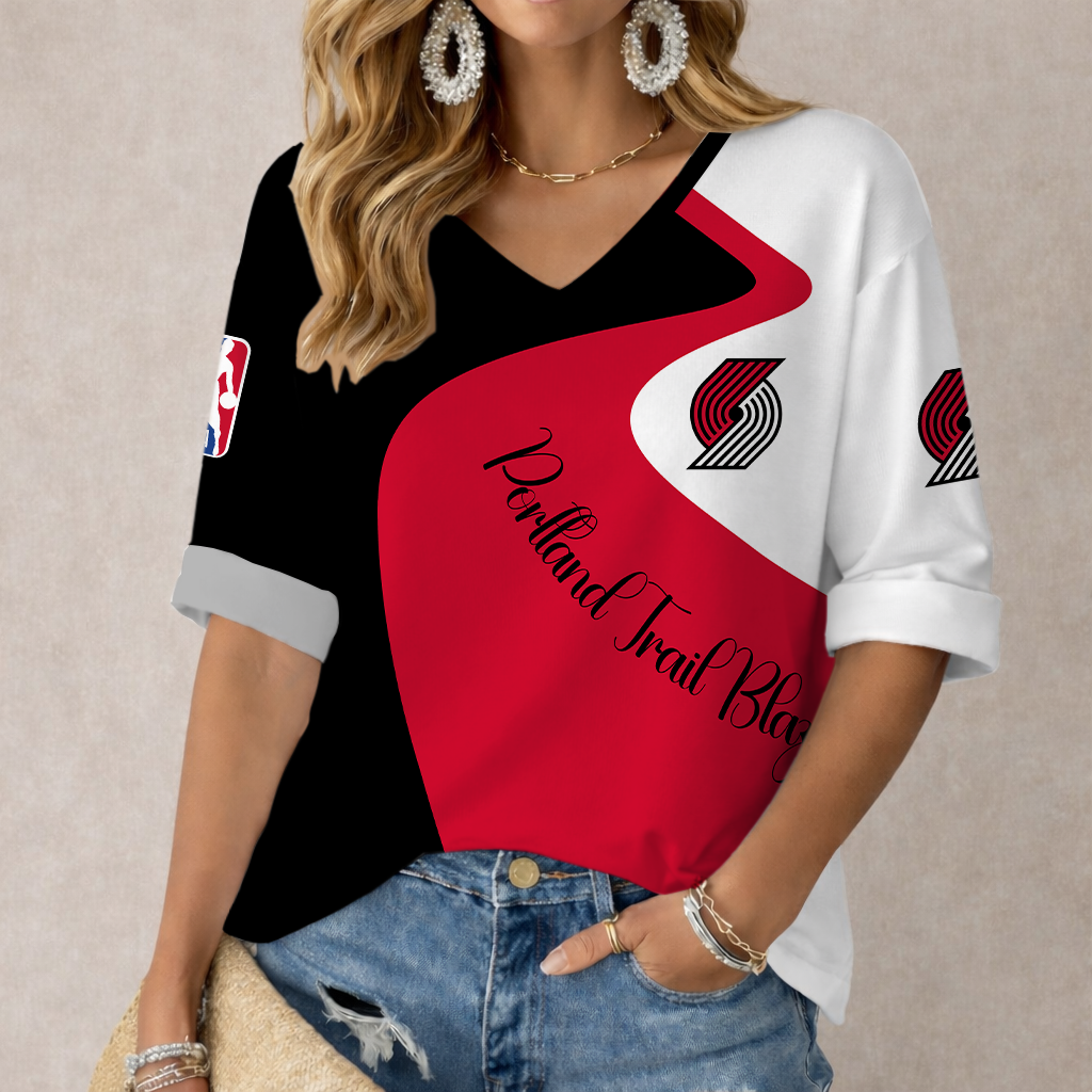 FINAL SALE - NEW CUSTOMIZED NBA22 PTB PORTLAND TRAIL BLAZERS WOMEN'S V-NECK LONG SLEEVE SHIRT