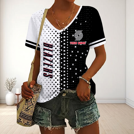 VIRAL EDITION - NEW CUSTOMIZED NBA22 PTB PORTLAND TRAIL BLAZERS V-NECK FEMALE SHIRT