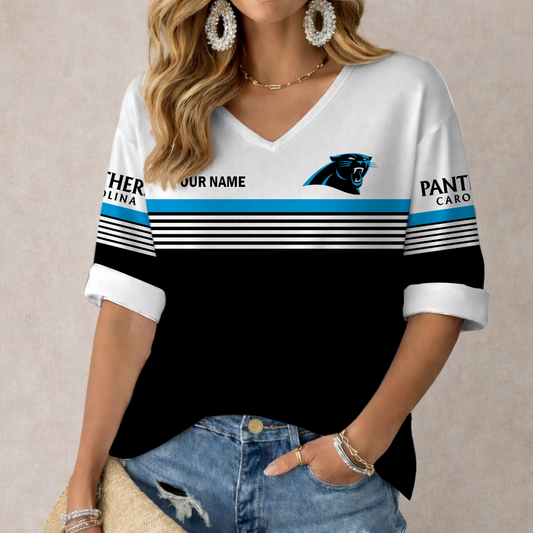 LIMITED EDITION - NEW CUSTOMIZED NFL23 CLP CAROLINA PANTHERS WOMEN'S HEART V-NECK LONG SLEEVE SHIRT