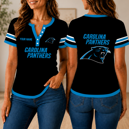 SPECIAL EDITION - NEW CUSTOMIZED NFL23 CLP CAROLINA PANTHERS WOMEN'S SHORT SLEEVE HENLEY T-SHIRT