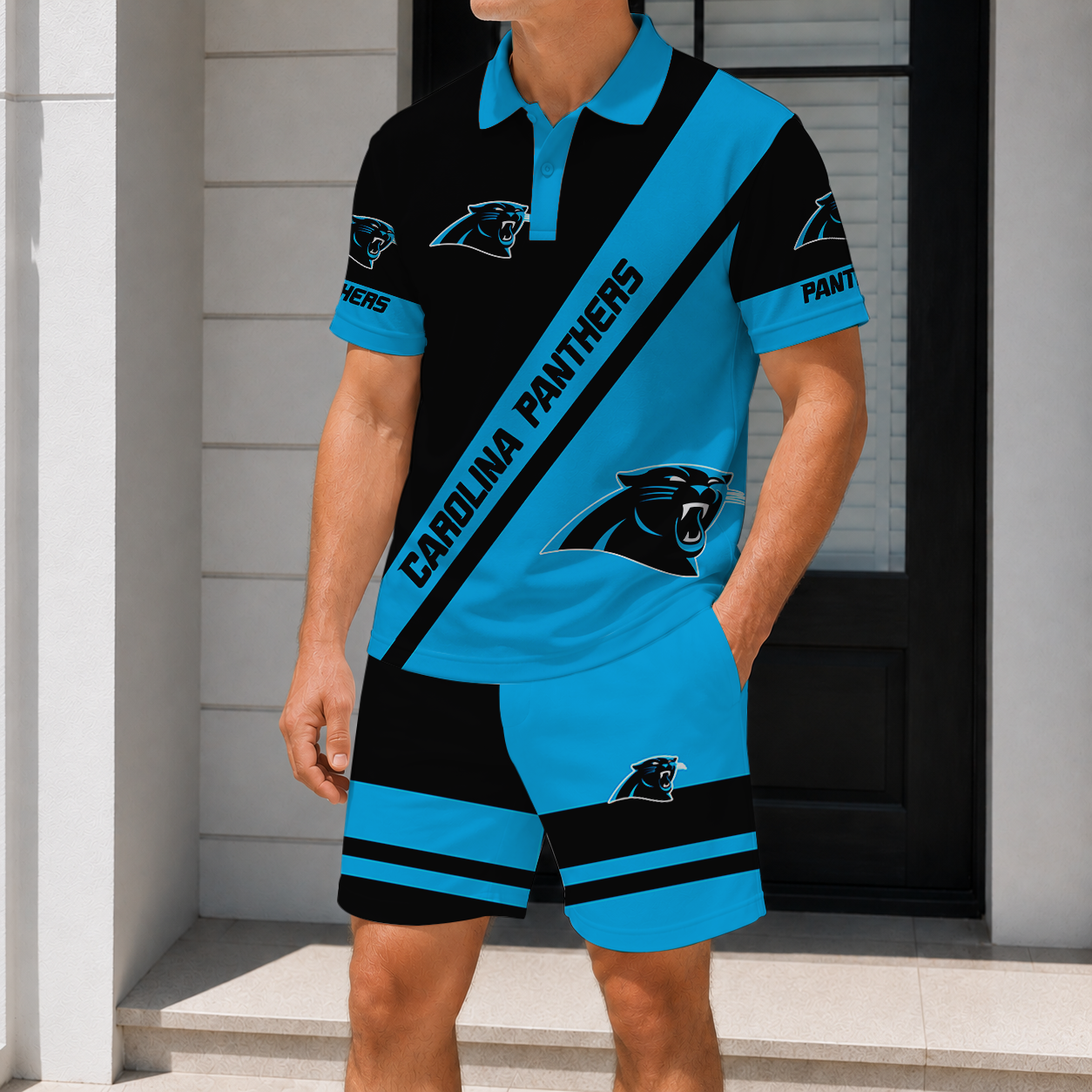 FINAL SALE - NEW CUSTOMIZED NFL23 CLP CAROLINA PANTHERS POLO SHIRT & SHORT PANTS SET