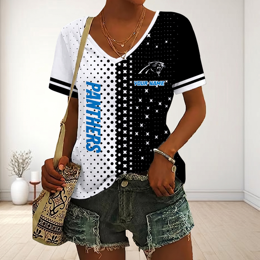 FINAL SALE - NEW CUSTOMIZED NFL23 CLP CAROLINA PANTHERS V-NECK FEMALE SHIRT