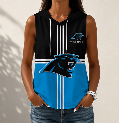 FINAL SALE - NEW CUSTOMIZED NFL23 CLP CAROLINA PANTHERS WOMEN'S SLEEVELESS HOODED POCKET TANK TOP