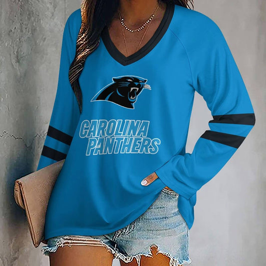 FLASH SALE - NEW CUSTOMIZED NFL23 CLP CAROLINA PANTHERS WOMEN'S V-NECK LONG SLEEVED SHIRT