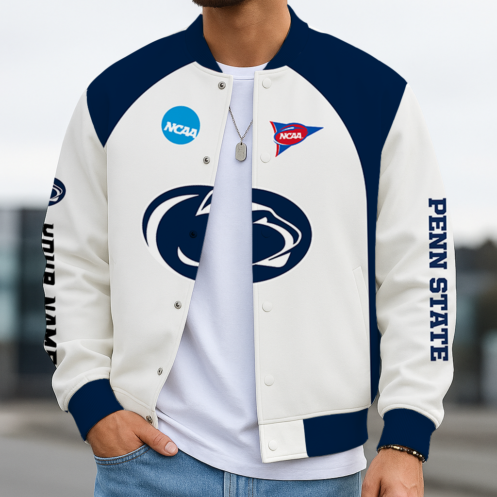 LIMITED DROP - NEW CUSTOMIZED NCAA FOOTBALL BOWL SUBDIVISION 23 PNL PENN STATE NITTANY LIONS BASEBALL JACKET, SATIN VARSITY JACKET