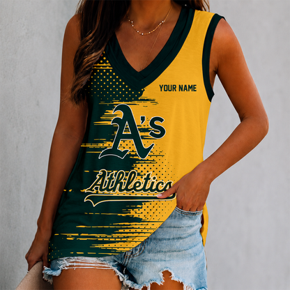 FINAL SALE - NEW CUSTOMIZED MLB23 OAS OAKLAND ATHLETICS WOMEN'S V-NECK TANK TOP