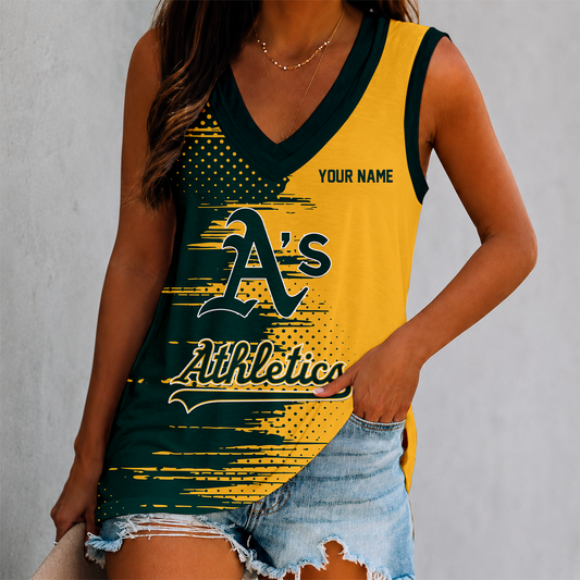 FINAL SALE - NEW CUSTOMIZED MLB23 OAS OAKLAND ATHLETICS WOMEN'S V-NECK TANK TOP
