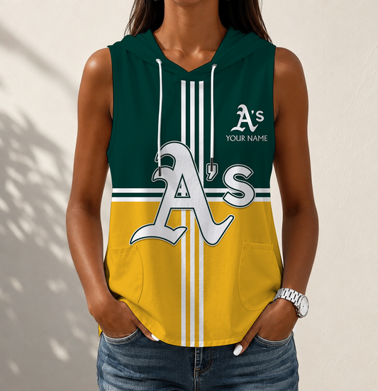 VIRAL EDITION - NEW CUSTOMIZED MLB23 OAS OAKLAND ATHLETICS WOMEN'S SLEEVELESS HOODED POCKET TANK TOP