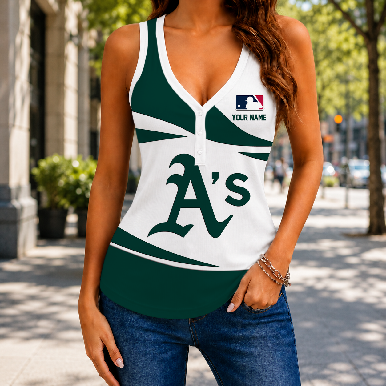 FINAL SALE - NEW CUSTOMIZED MLB23 OAS OAKLAND ATHLETICS WOMEN'S V-NECK TANK TOP