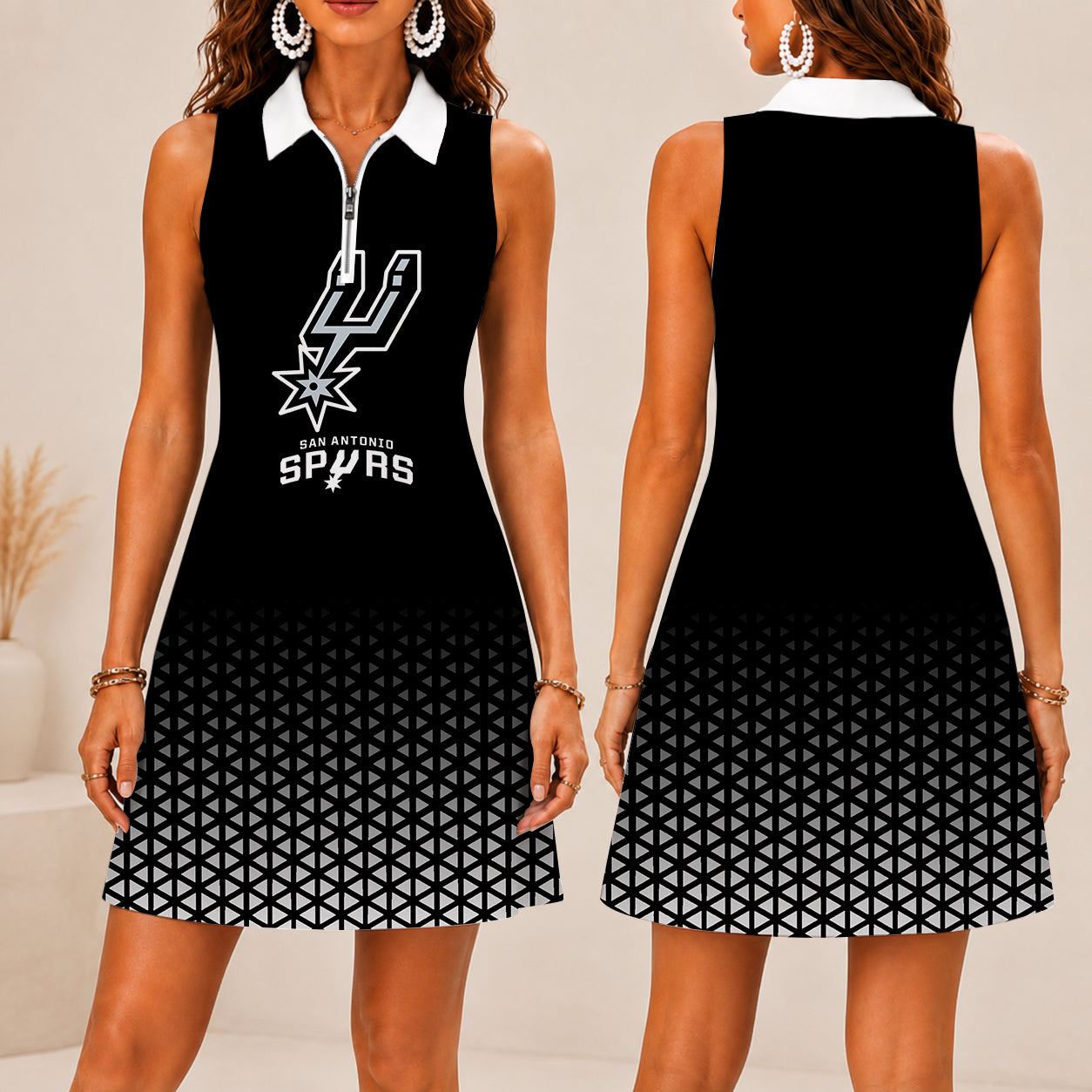 FINAL SALE - NEW CUSTOMIZED NBA23 SAS SAN ANTONIO SPURS  WOMEN'S ZIP SLEEVELESS POLO DRESS