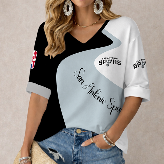 FINAL SALE - NEW CUSTOMIZED NBA23 SAS SAN ANTONIO SPURS WOMEN'S V-NECK LONG SLEEVE SHIRT