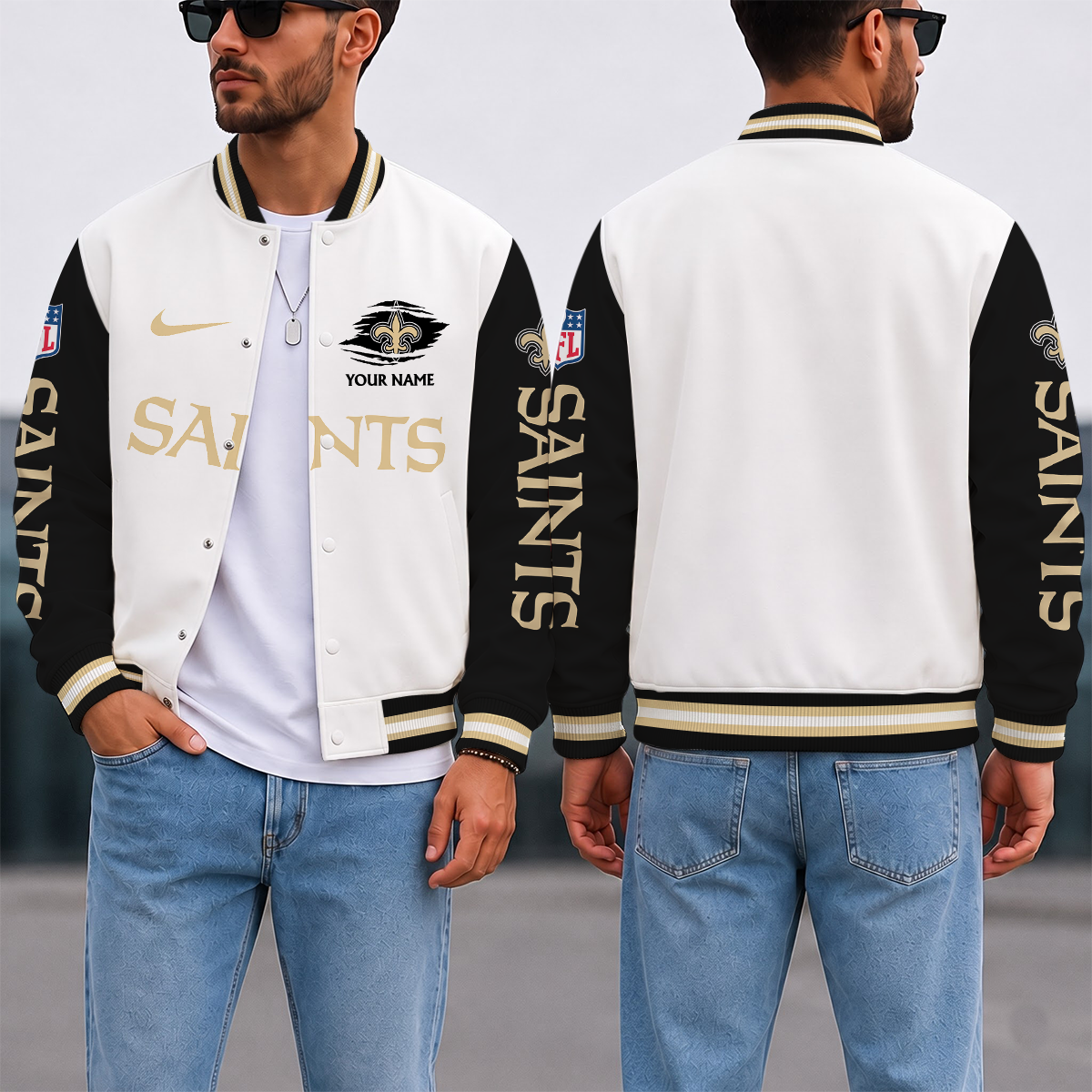 SPECIAL EDITION - NEW CUSTOMIZED NFL24 NOS NEW ORLEANS SAINTS SATIN VARSITY & BASEBALL JACKET