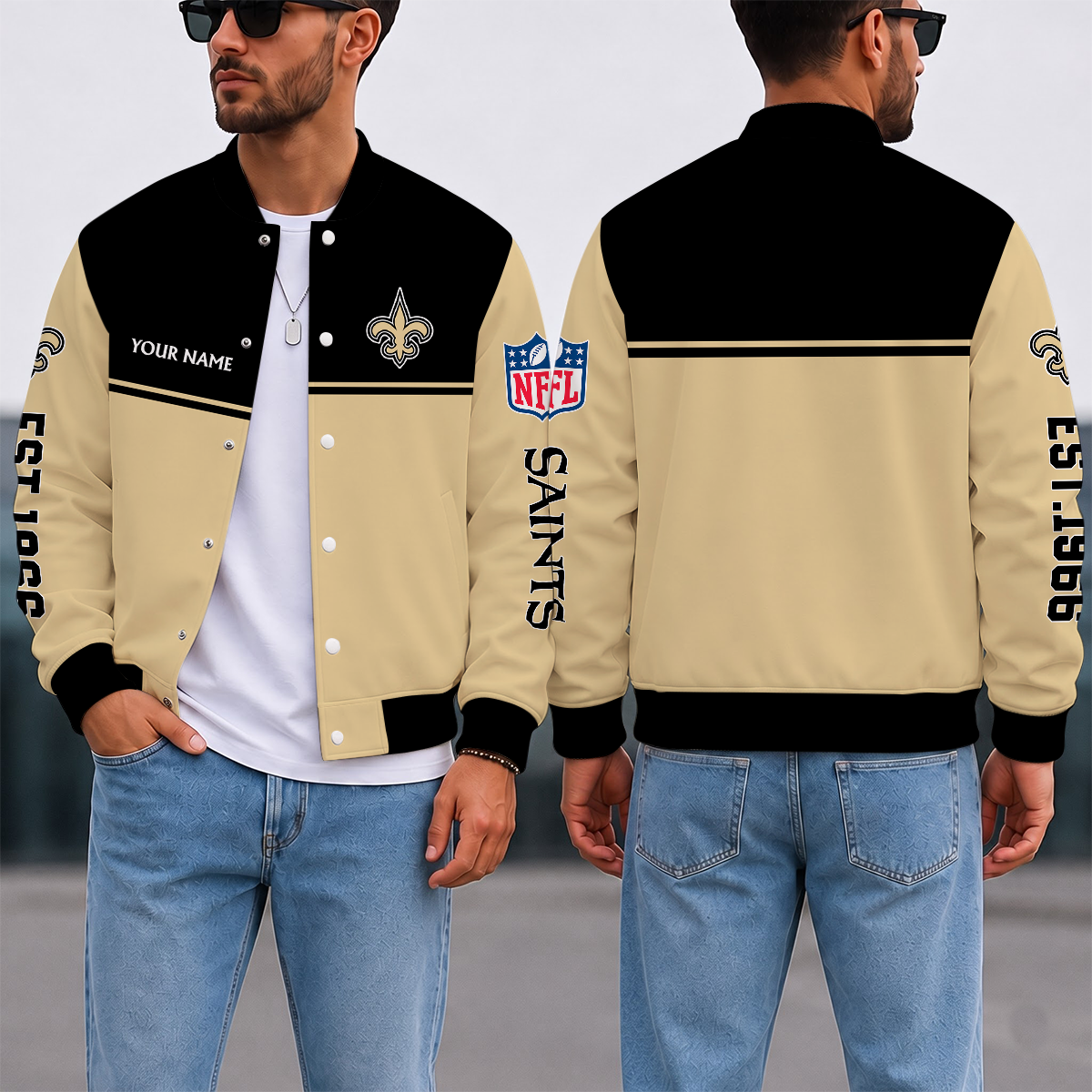 FINAL SALE - NEW CUSTOMIZED NFL24 NOS NEW ORLEANS SAINTS SATIN VARSITY & BASEBALL JACKET