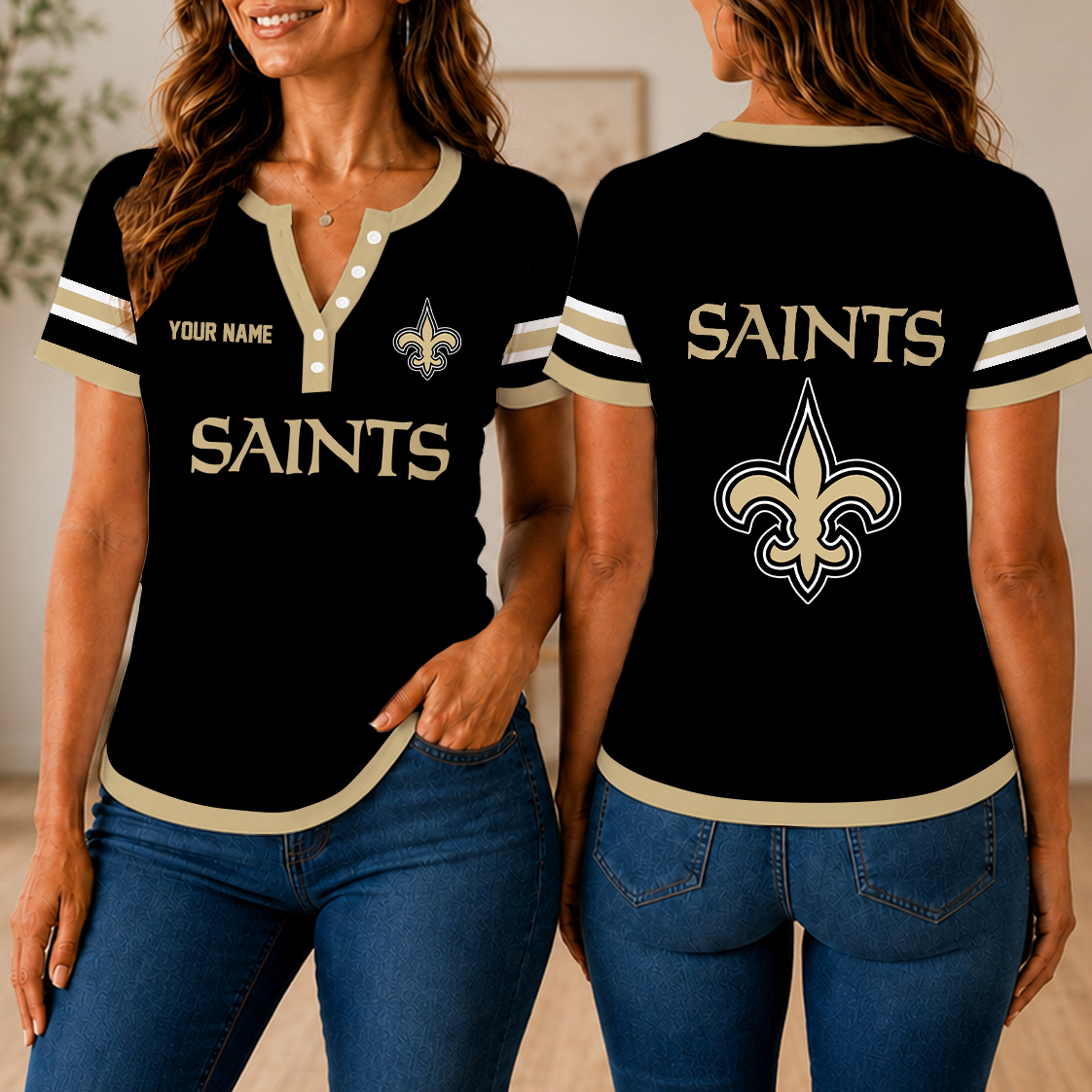 SPECIAL EDITION - NEW CUSTOMIZED NFL24 NOS NEW ORLEANS SAINTS WOMEN'S SHORT SLEEVE HENLEY T-SHIRT